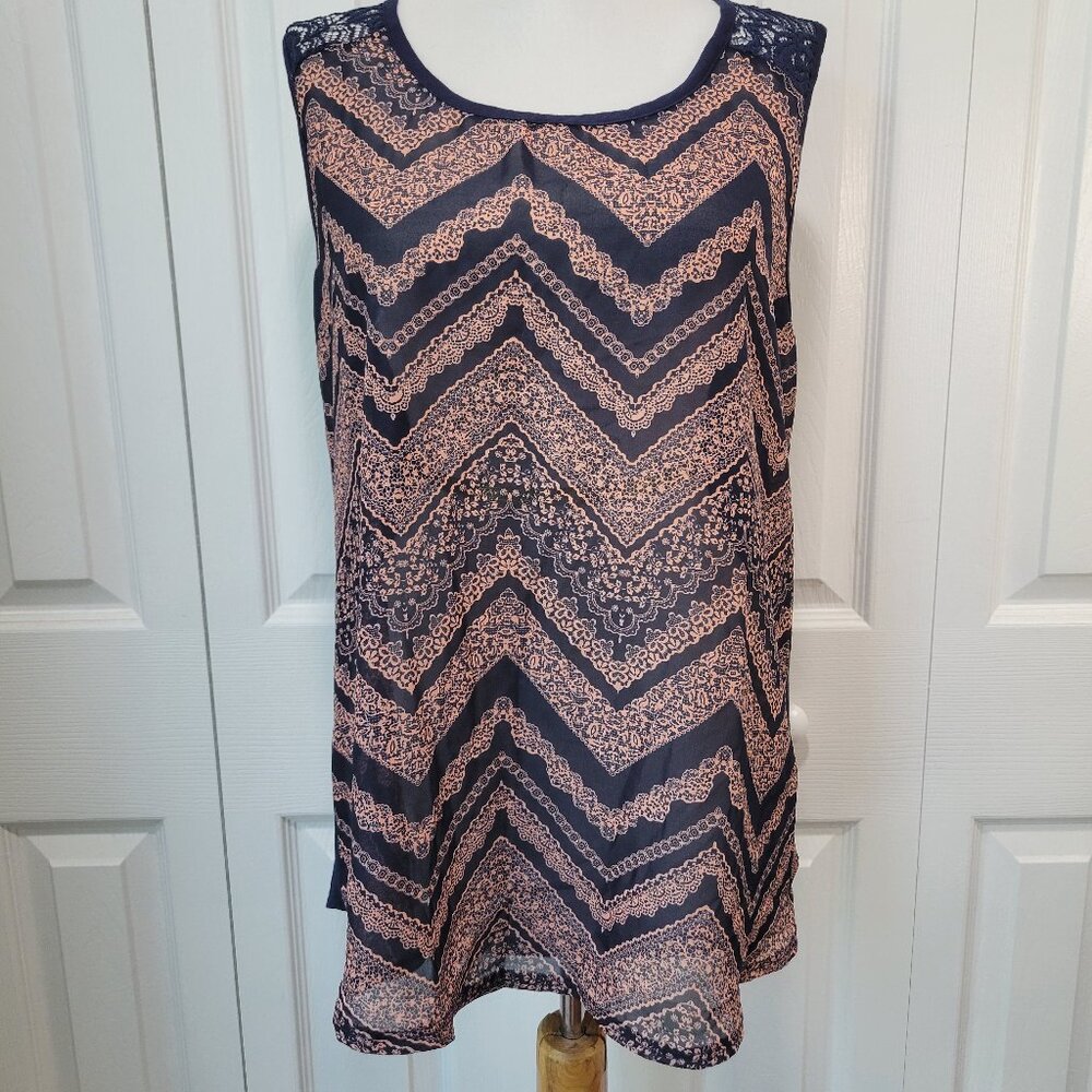 CAROL ROSE Navy Blue Pink Zig-Zag Floral Lace Sleeveless Blouse Top sz XL NWT